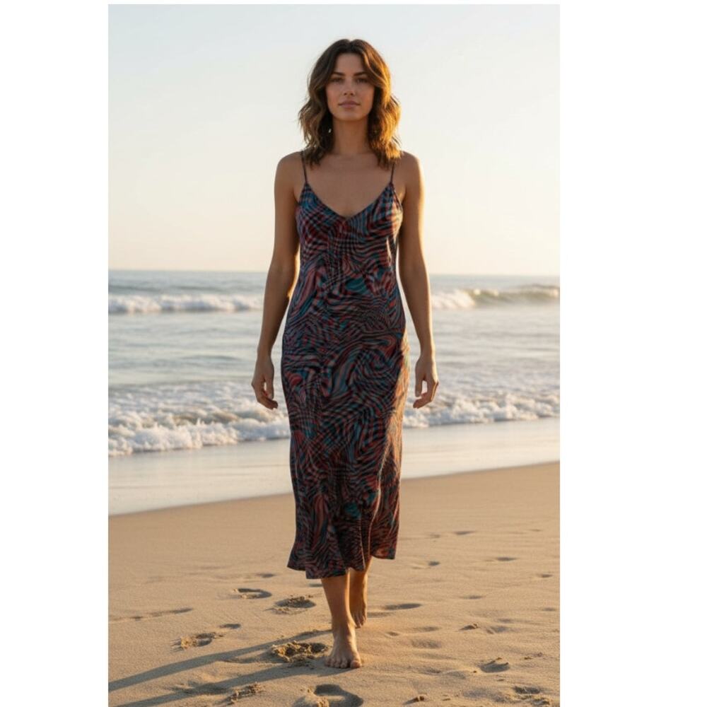 QUICKSILVER WOMENS MEDIUM SLIP-STYLE MIDI SUN DRESS WAVY PRINT RED TEAL PINK